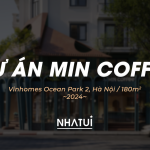 Banner dự án thiết kế quán cà phê MIN COFFEE tại Vinhomes Ocean Park 2, Hà Nội, do NHÀ TUI thực hiện năm 2024.