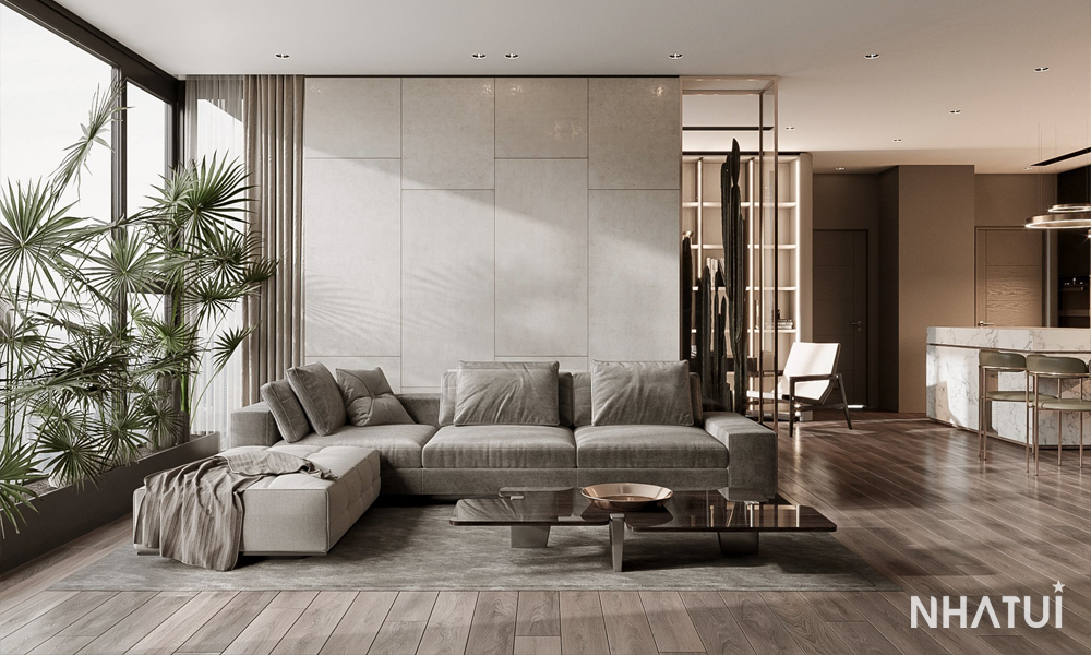 Không gian nội thất phòng khách của căn hộ Mipec Xuân Thủy do NHÀ TUI đảm nhận