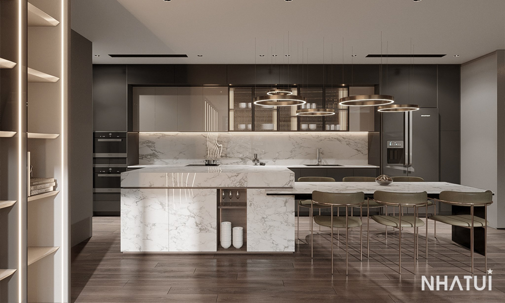Không gian nội thất phòng bếp của căn hộ Mipec Xuân Thủy do NHÀ TUI đảm nhận