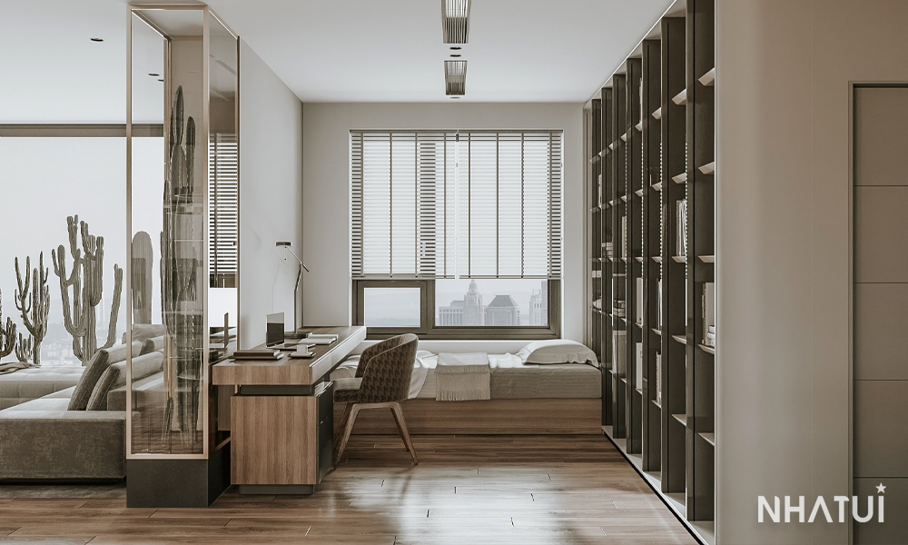 Không gian nội thất phòng làm việc của căn hộ Mipec Xuân Thủy do NHÀ TUI đảm nhận