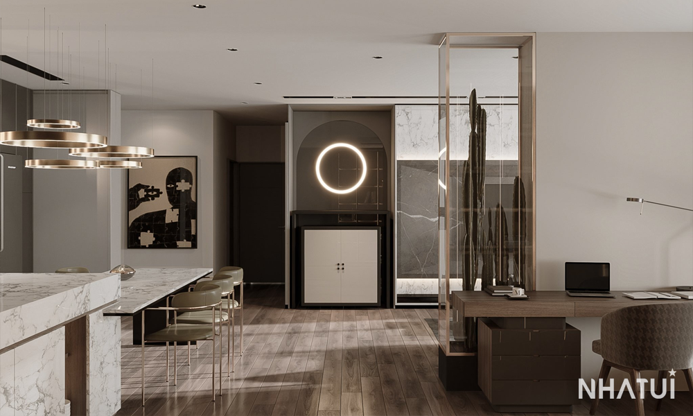 Không gian nội thất phòng làm việc của căn hộ Mipec Xuân Thủy do NHÀ TUI đảm nhận